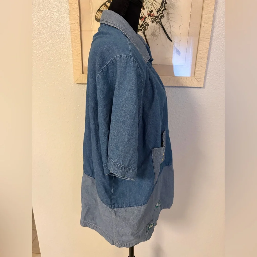 Vintage Women's Denim Patchwork Button Down Shirt Size 3X